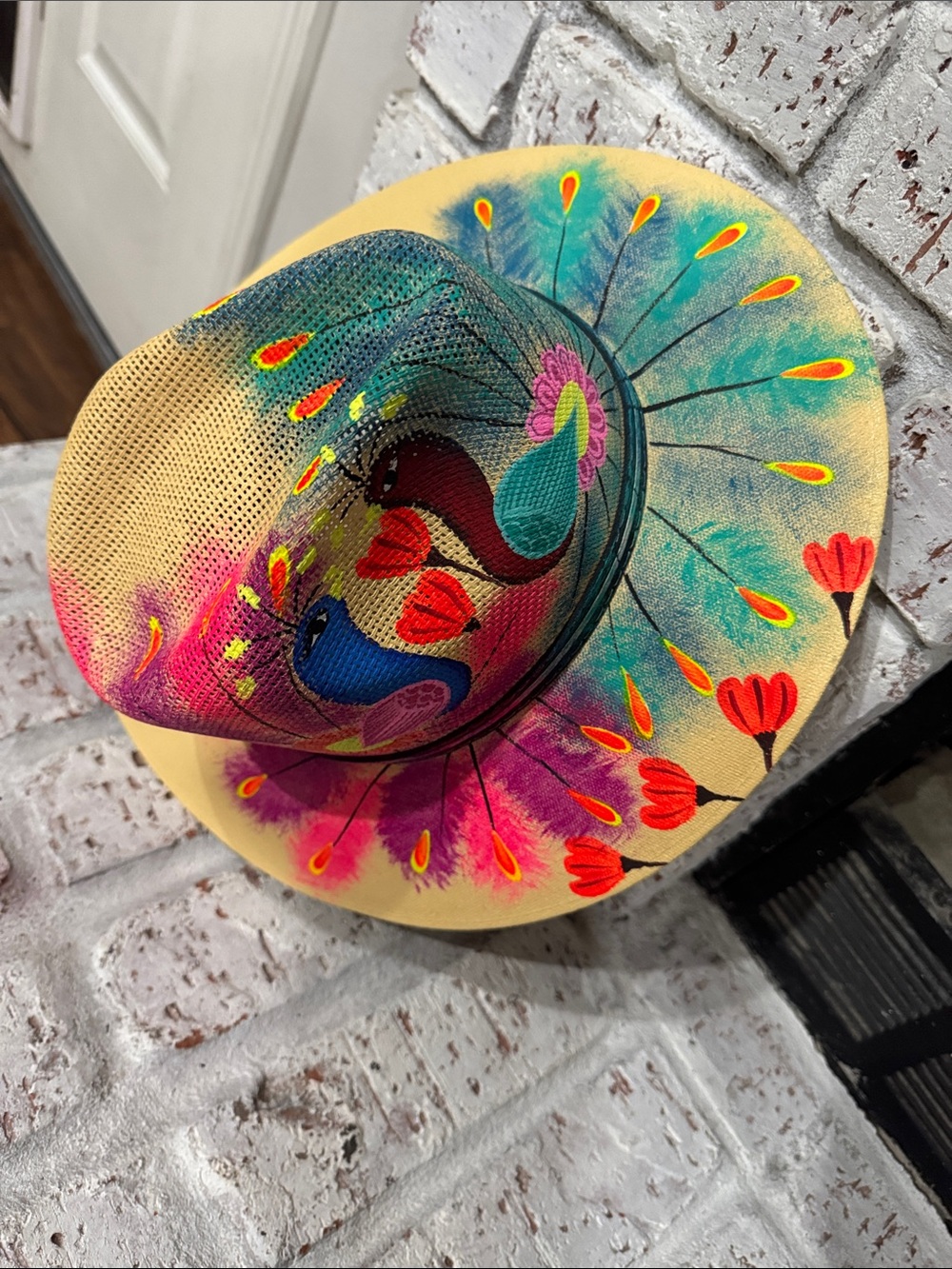 Hand-Painted Vibrant Peacock Sun Hat - Yellow